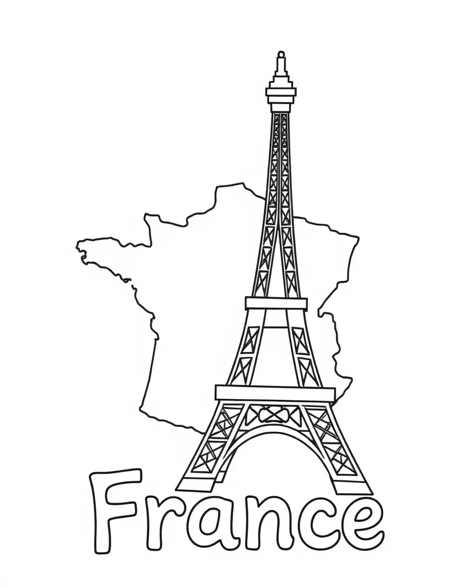A cute Eiffel Tower, a simple outline map of France, and the word "France"