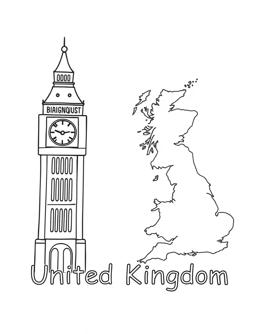 A friendly Big Ben, a simple outline map of United Kingdom, and the word "United Kingdom"