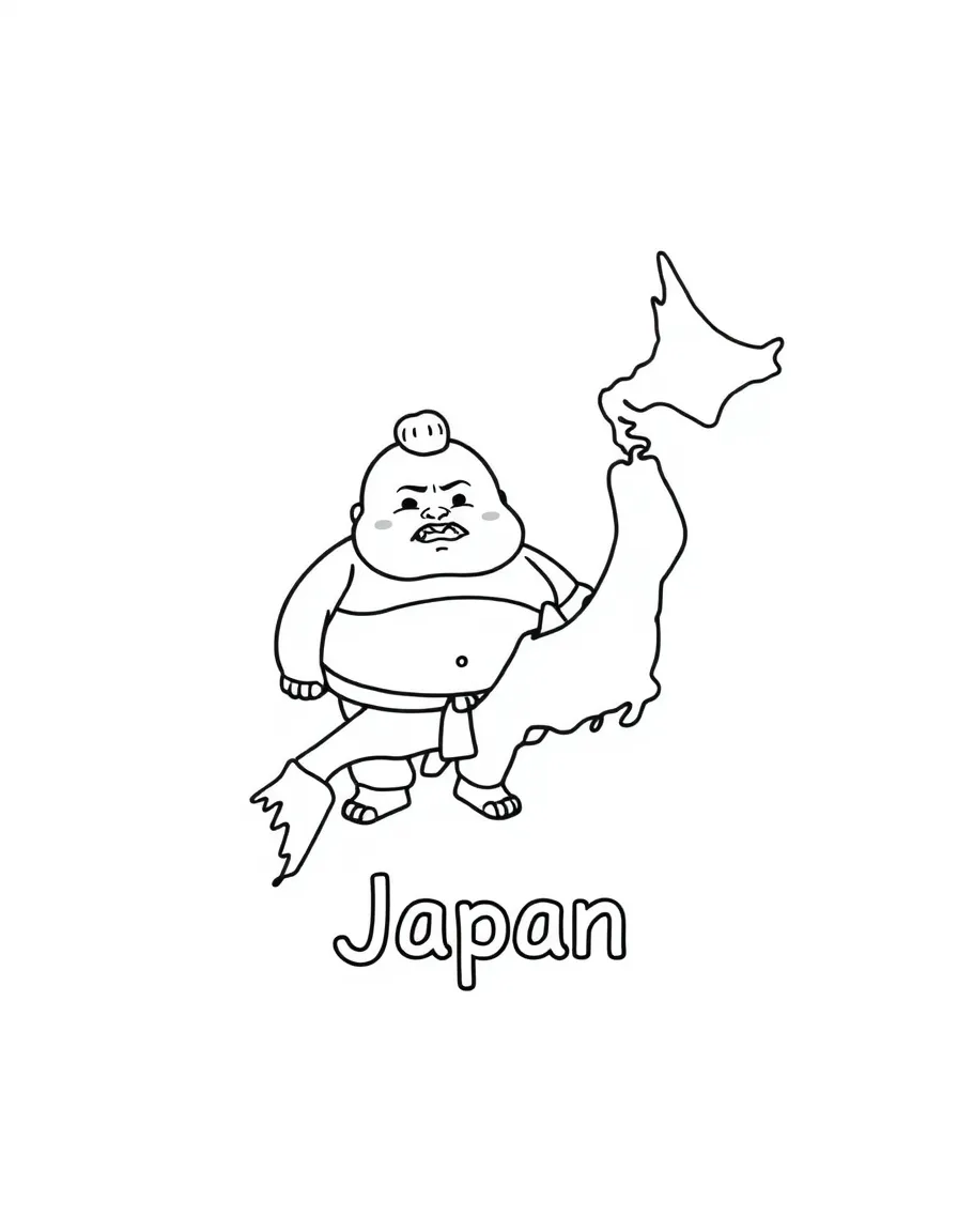 A little sumo wrestler, a simple outline map of Japan, and the word "Japan"