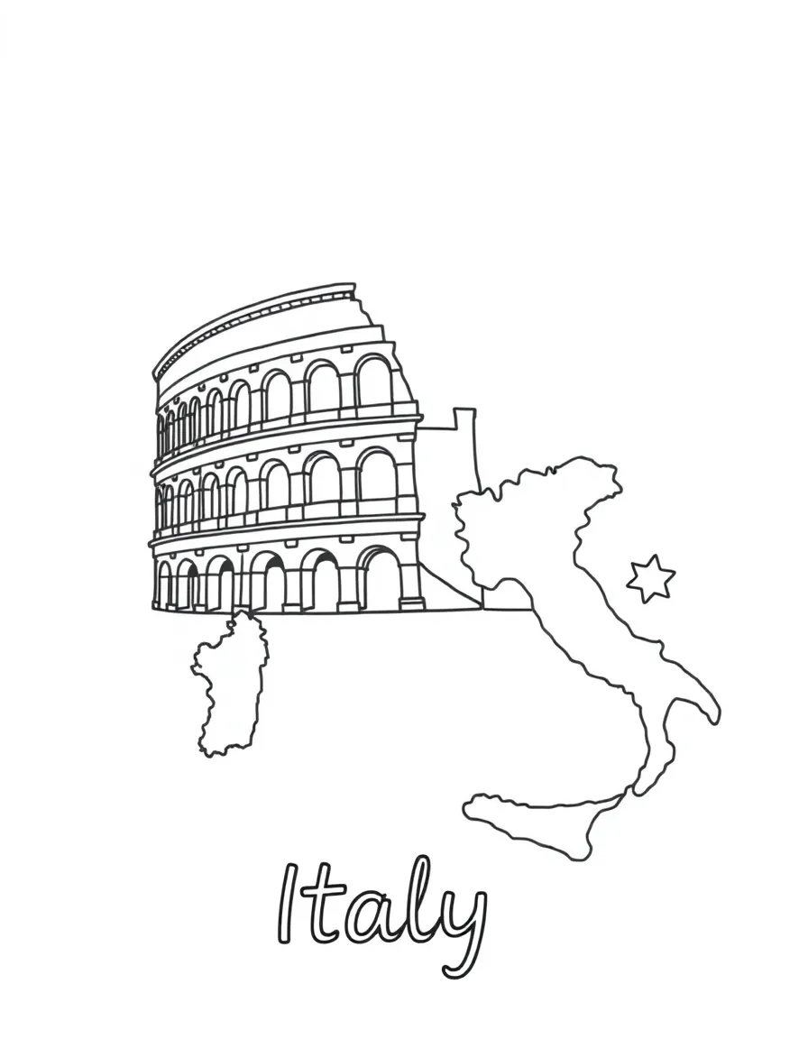 A small Colosseum, a simple outline map of Italy, and the word "Italy"