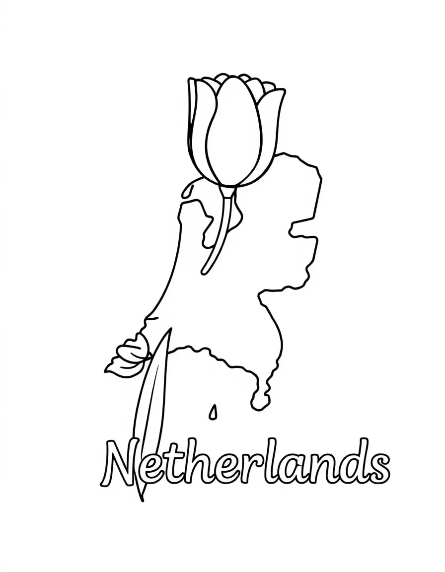 A happy tulip, a simple outline map of Netherlands, and the word "Netherlands"
