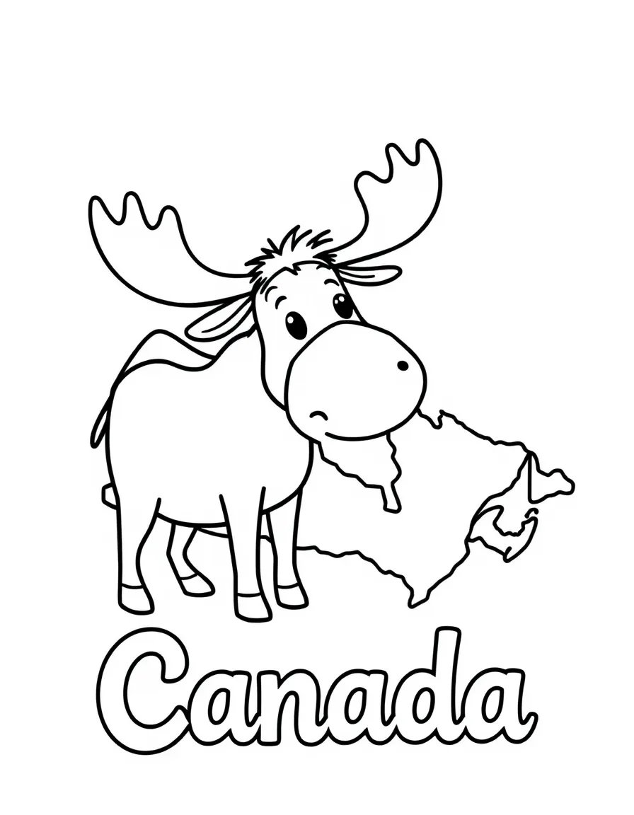 A friendly moose, a simple outline map of Canada, and the word "Canada"