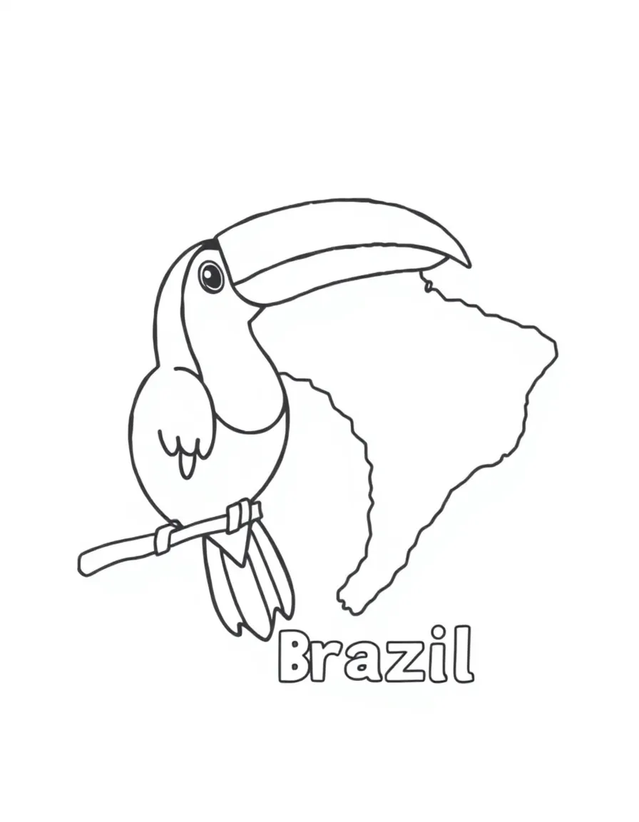 A happy toucan, a simple outline map of Brazil, and the word "Brazil"