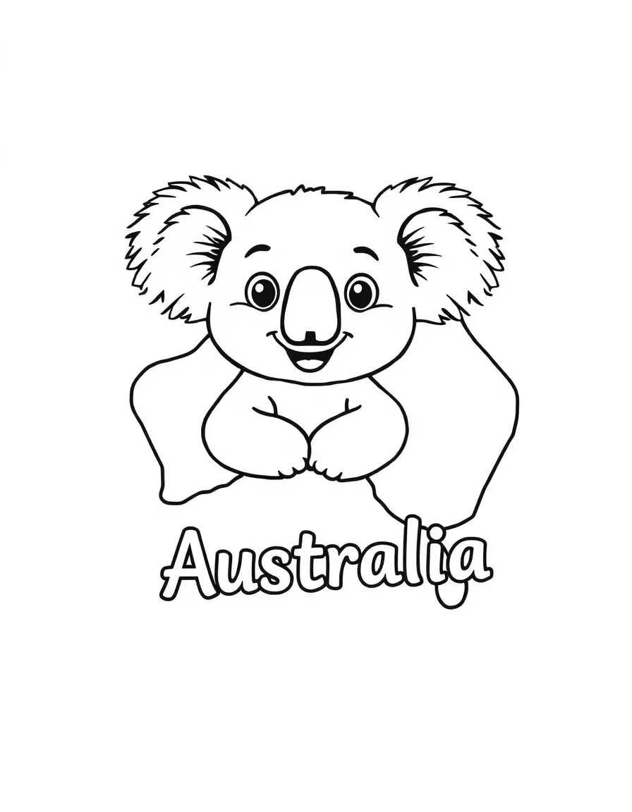 A cheerful koala, a simple outline map of Australia, and the word "Australia"