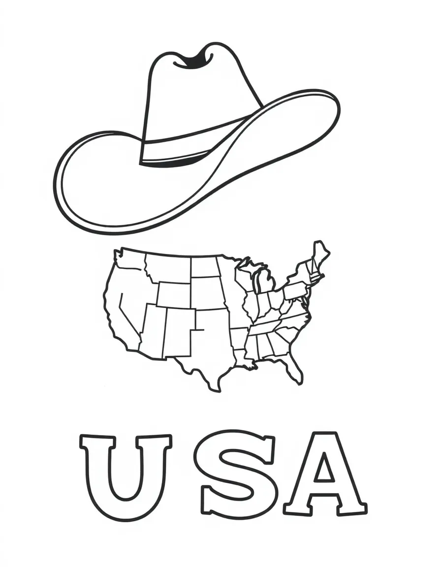 A cute cowboy hat, a simple outline map of USA, and the word "USA"