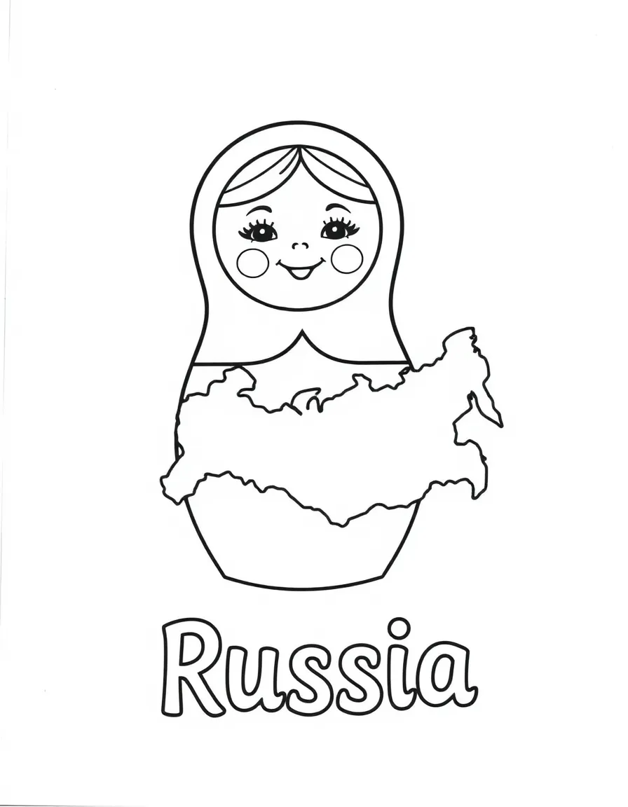 A happy matryoshka doll, a simple outline map of Russia, and the word "Russia"