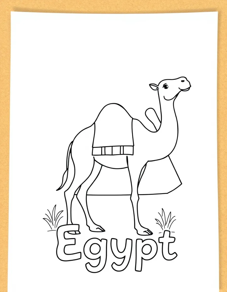 A happy camel, a simple outline map of Egypt, and the word "Egypt"