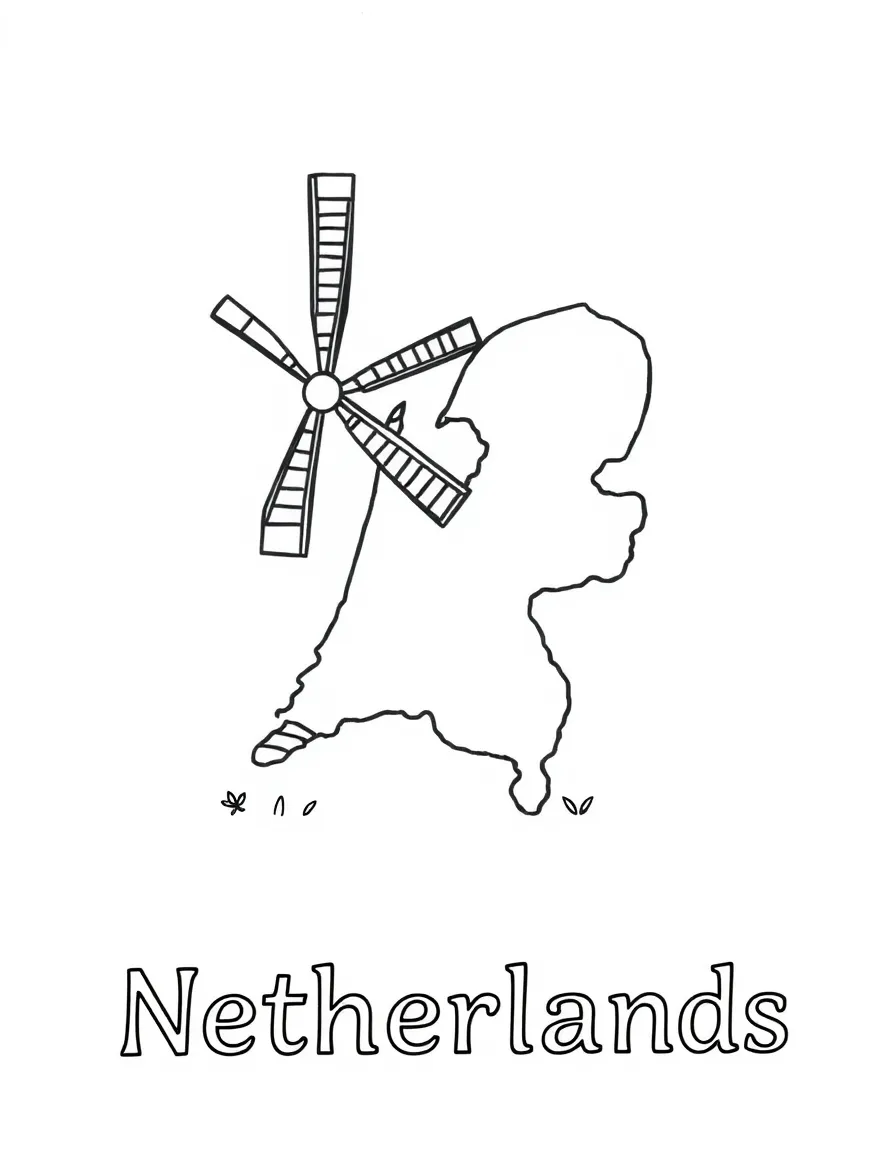 A small windmill, a simple outline map of Netherlands, and the word "Netherlands"