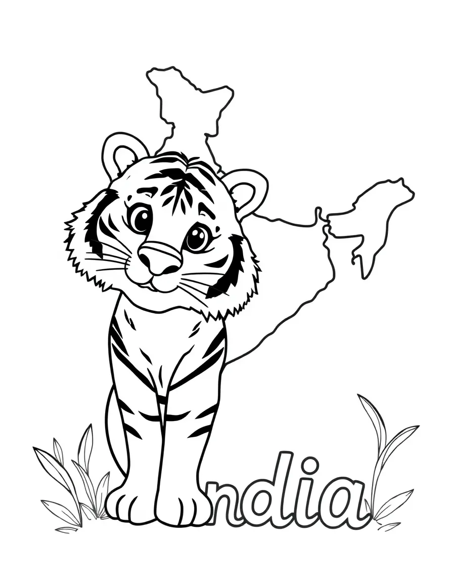 A friendly tiger, a simple outline map of India, and the word "India"