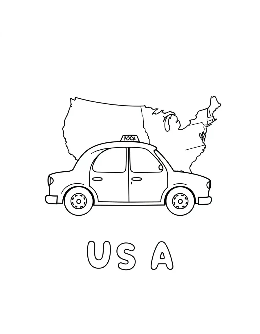 A cute yellow cab, a simple outline map of USA, and the word "USA"