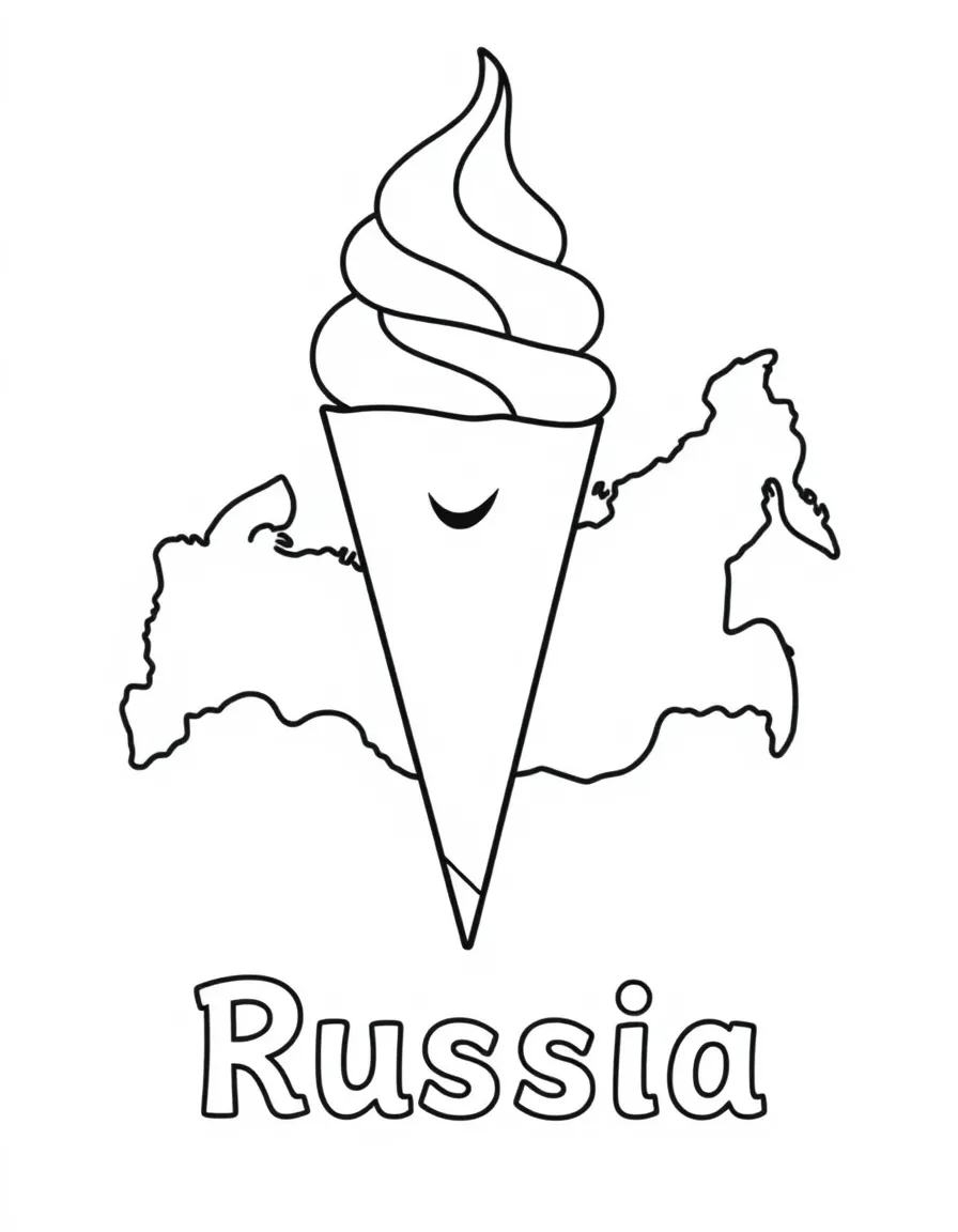 A happy ice cream cone, a simple outline map of Russia, and the word "Russia"
