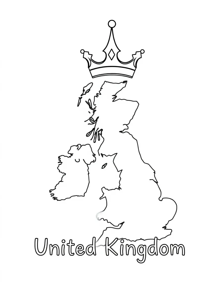 A friendly crown, a simple outline map of United Kingdom, and the word "United Kingdom"