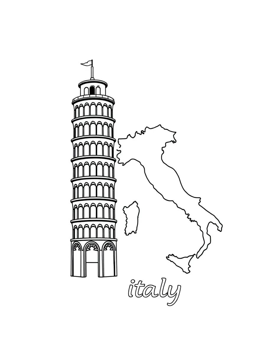A happy leaning tower, a simple outline map of Italy, and the word "Italy"