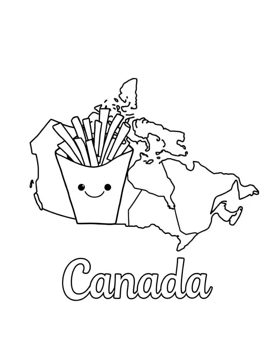 A cute poutine, a simple outline map of Canada, and the word "Canada"