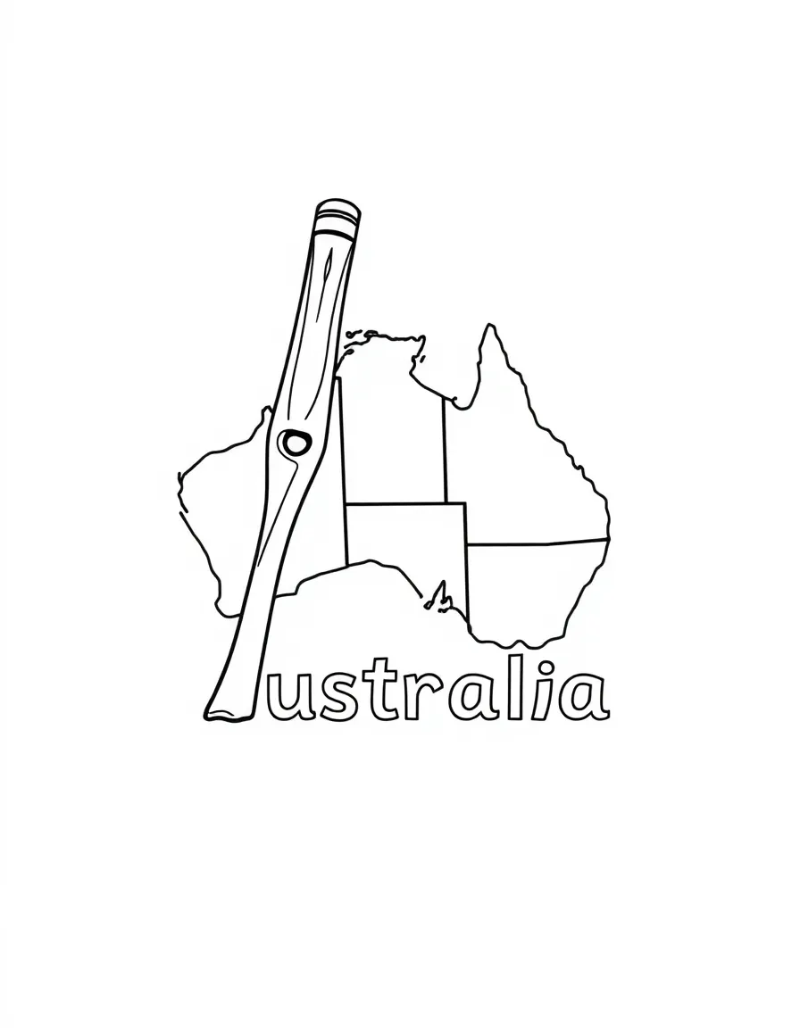 A small didgeridoo, a simple outline map of Australia, and the word "Australia"