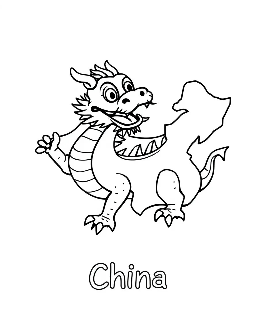 A friendly dragon dance, a simple outline map of China, and the word "China"