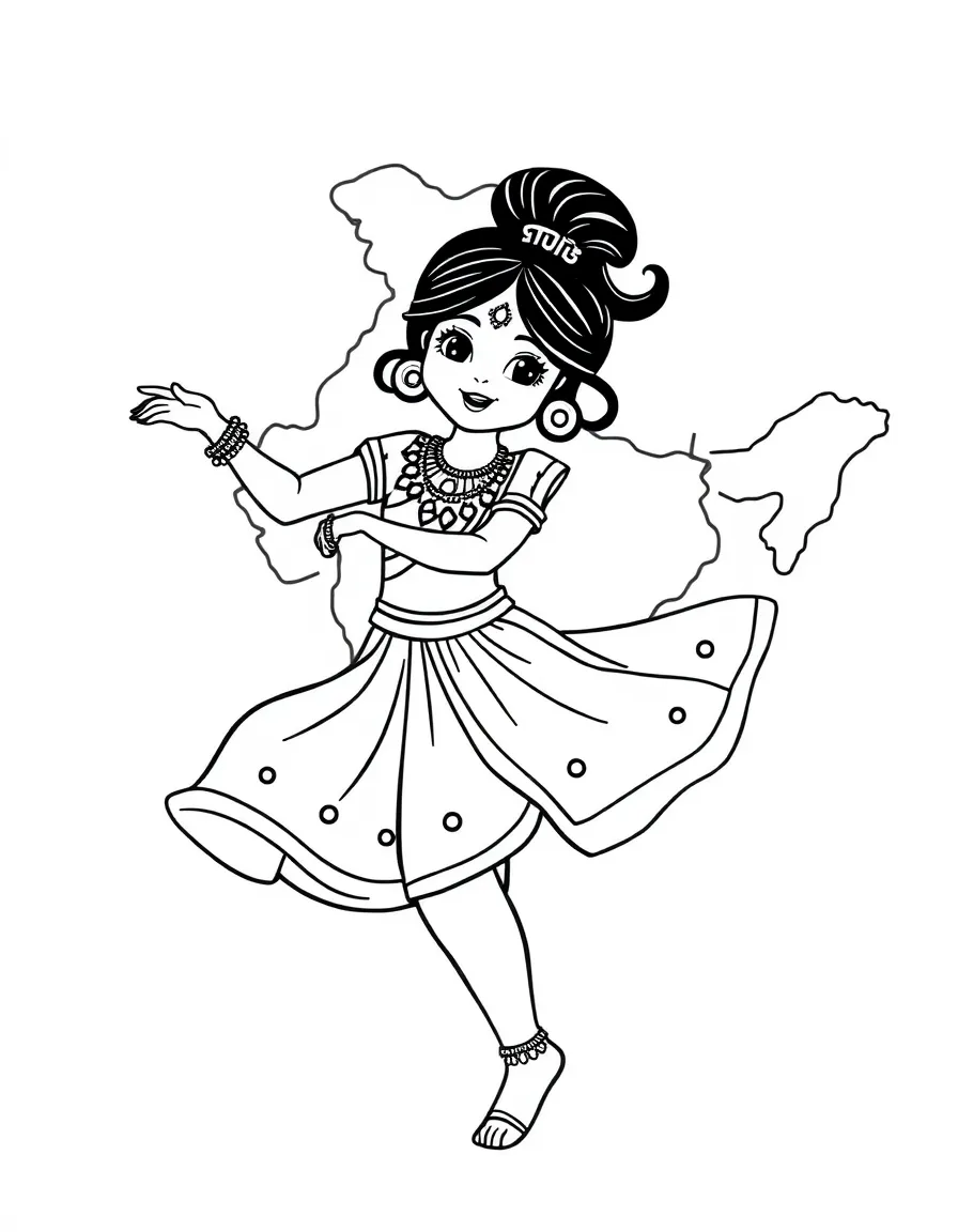 A cute Bollywood dancer, a simple outline map of India, and the word "India"