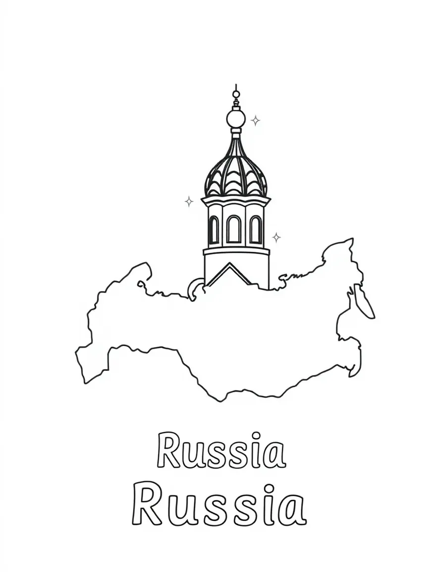 A small onion dome, a simple outline map of Russia, and the word "Russia"