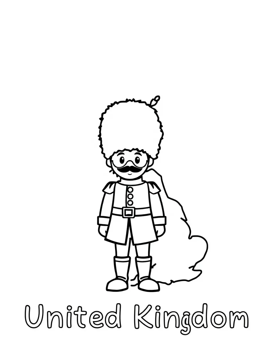 A cute guard, a simple outline map of United Kingdom, and the word "United Kingdom"