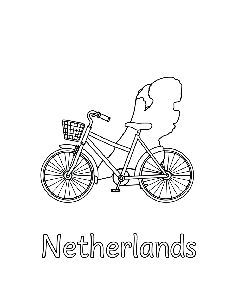 A cute bicycle, a simple outline map of Netherlands, and the word "Netherlands"
