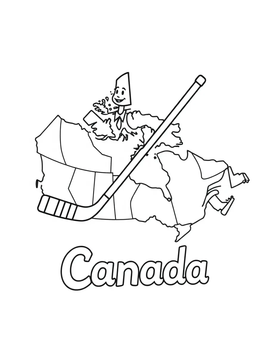 A happy hockey stick, a simple outline map of Canada, and the word "Canada"