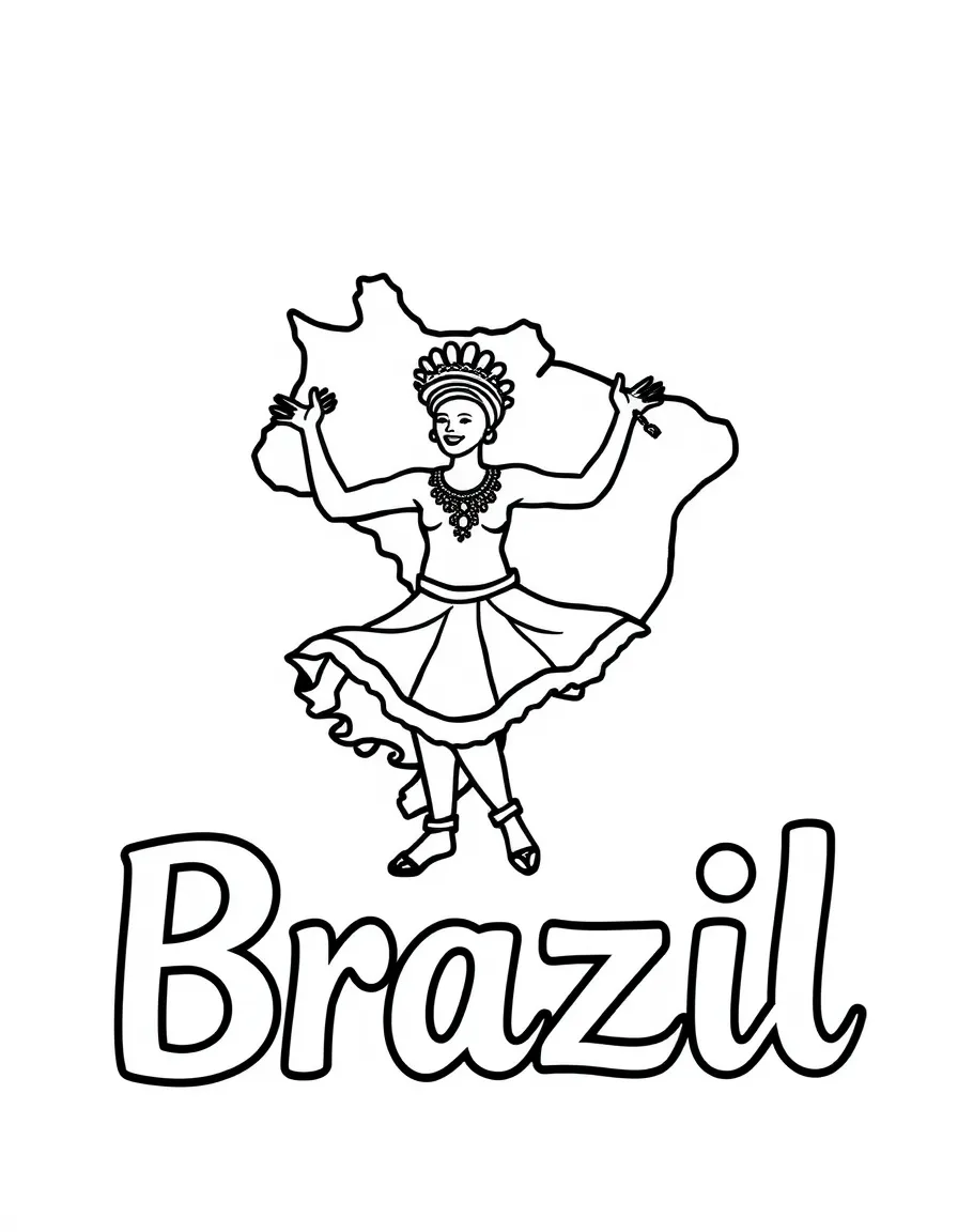 A small samba dancer, a simple outline map of Brazil, and the word "Brazil"
