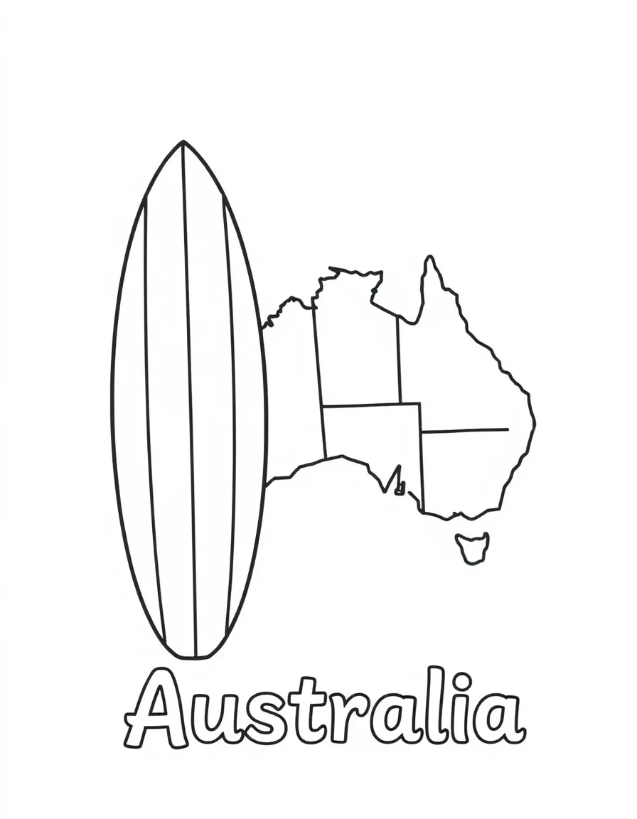 A friendly surf board, a simple outline map of Australia, and the word "Australia"