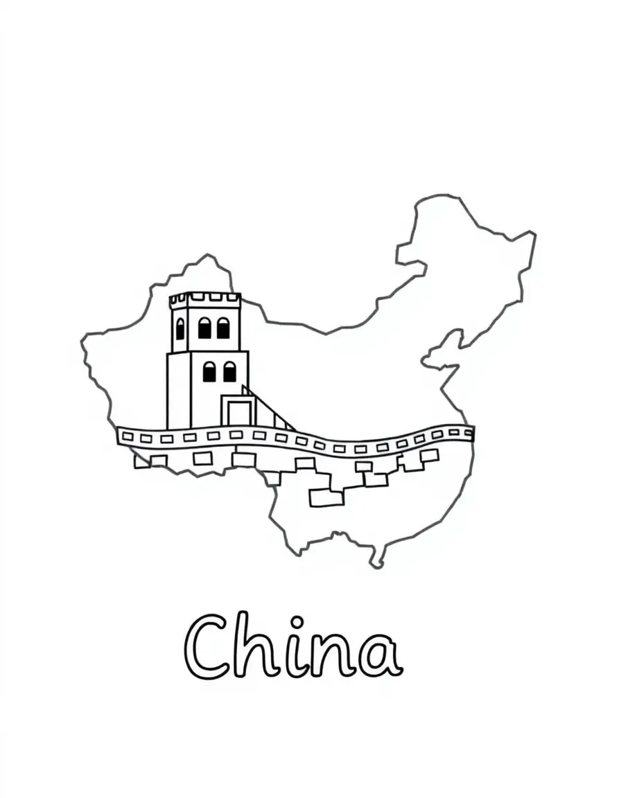 A cute Great Wall, a simple outline map of China, and the word "China"
