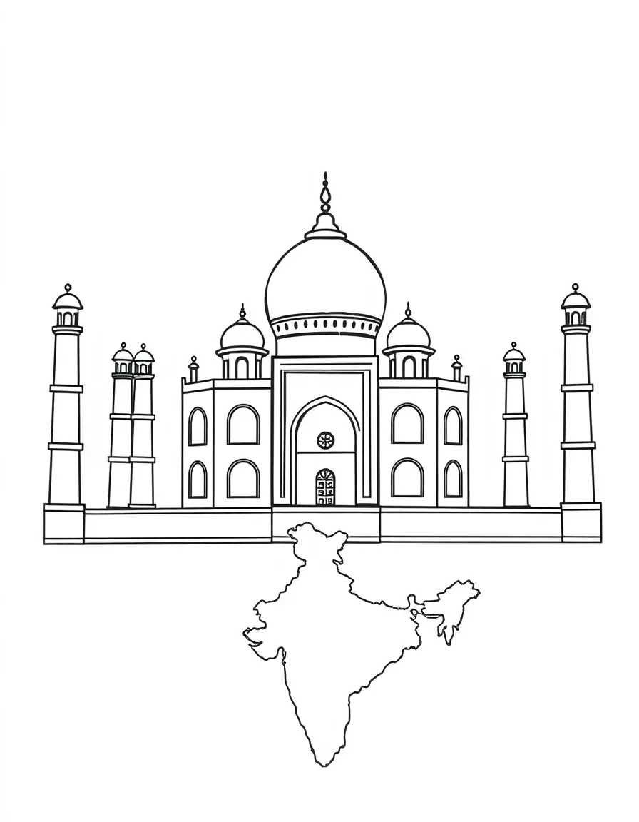 A happy Taj Mahal, a simple outline map of India, and the word "India"