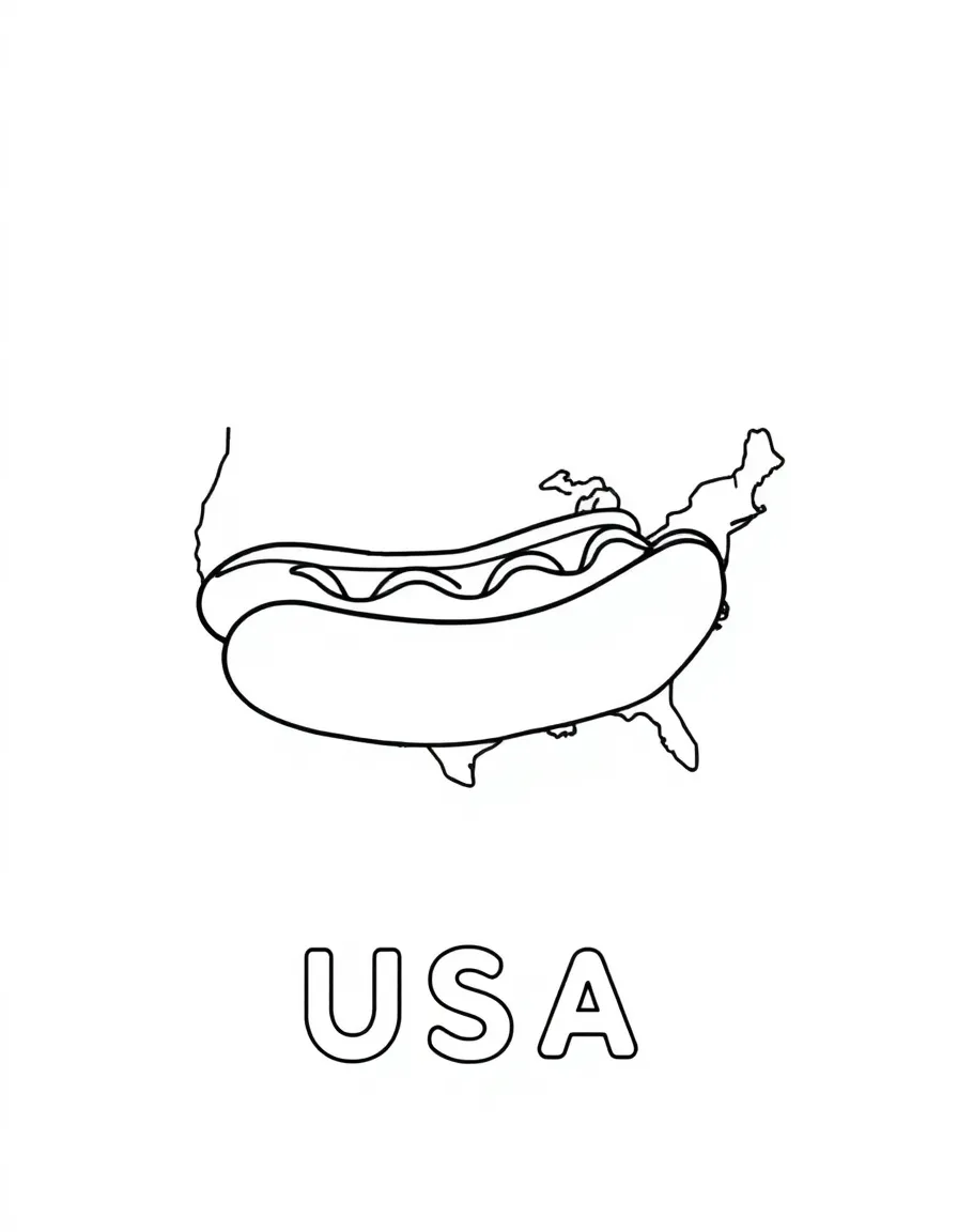 A small hot dog, a simple outline map of USA, and the word "USA"