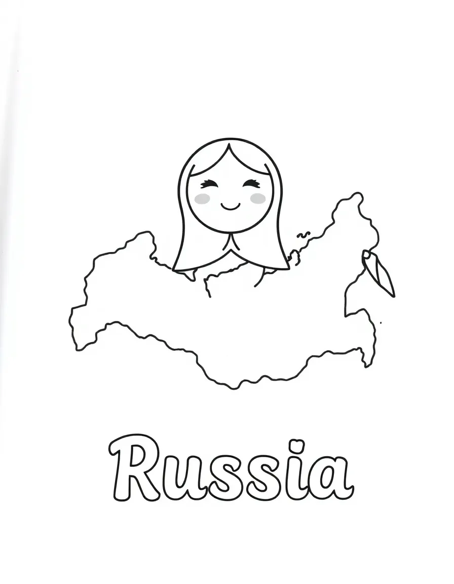 A friendly nesting doll, a simple outline map of Russia, and the word "Russia"