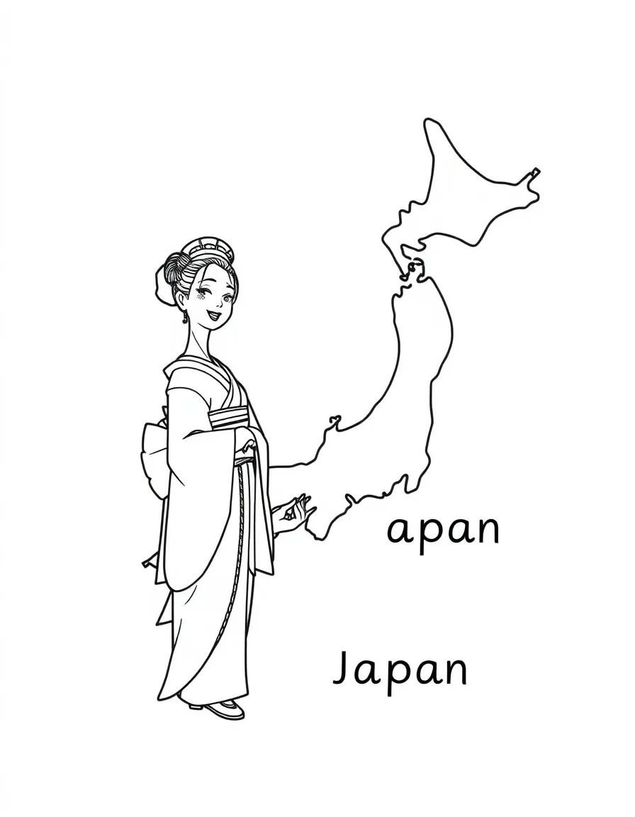 A small geisha, a simple outline map of Japan, and the word "Japan"