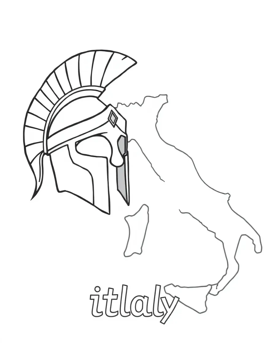 A friendly Roman helmet, a simple outline map of Italy, and the word "Italy"