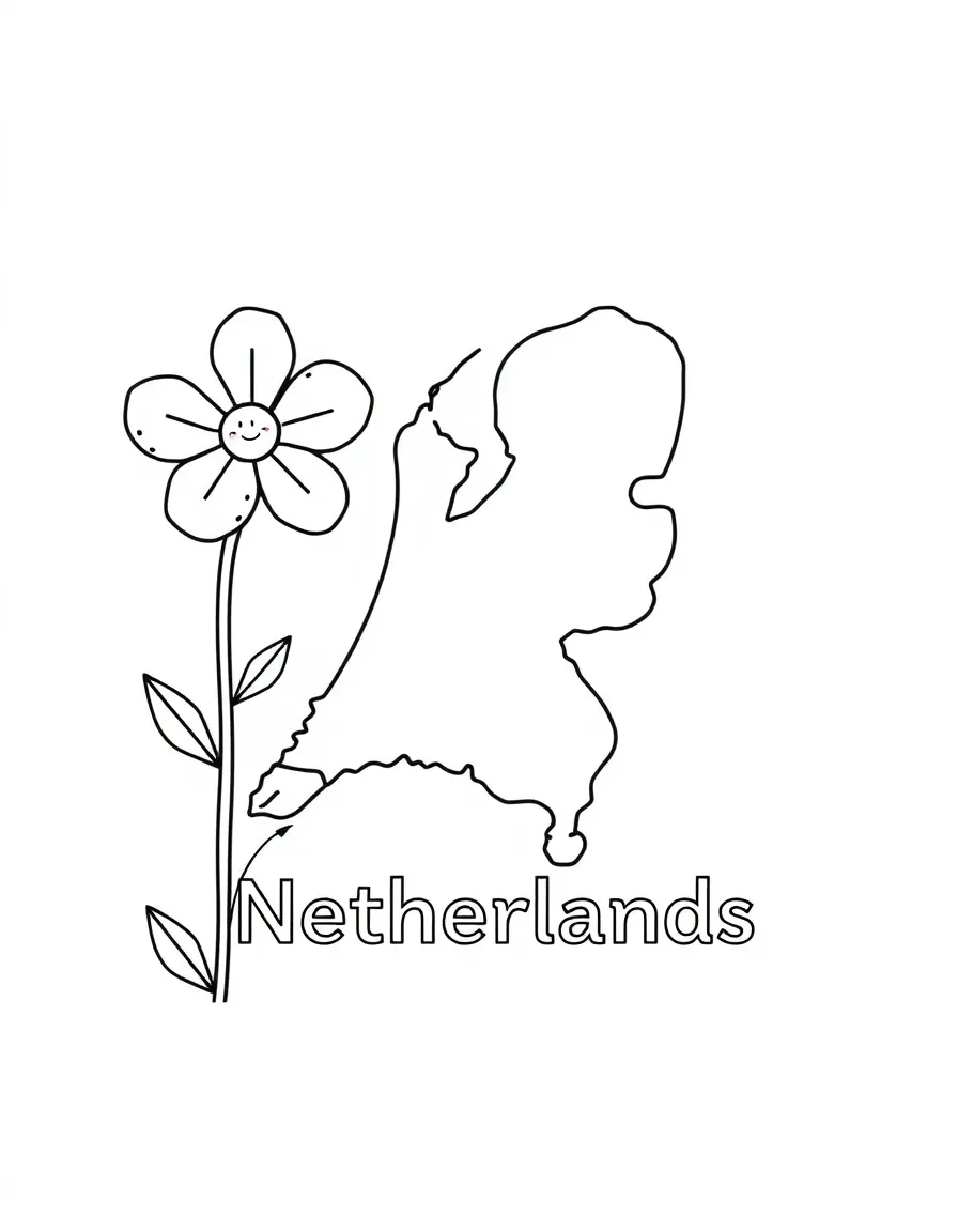 A happy flower, a simple outline map of Netherlands, and the word "Netherlands"