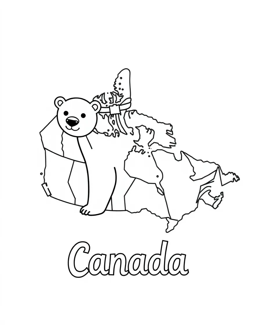 A small polar bear, a simple outline map of Canada, and the word "Canada"