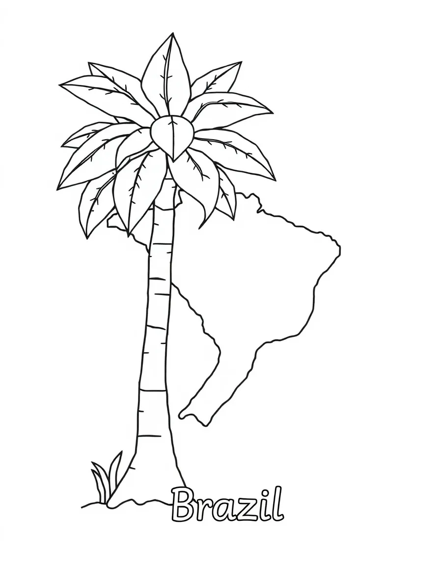 A friendly rainforest tree, a simple outline map of Brazil, and the word "Brazil"