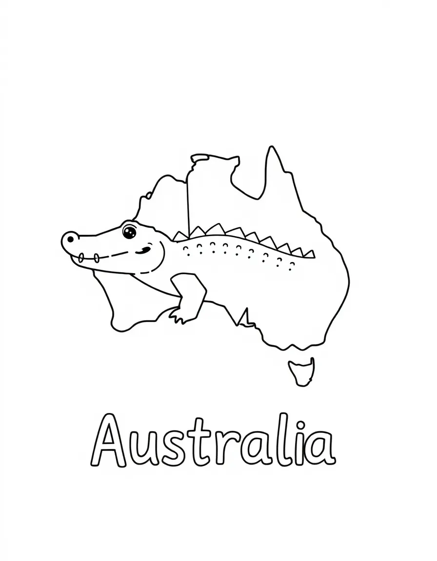 A cute crocodile, a simple outline map of Australia, and the word "Australia"