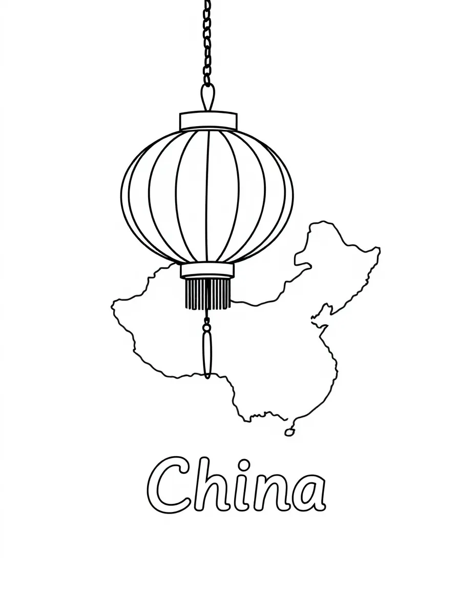 A happy lantern, a simple outline map of China, and the word "China"