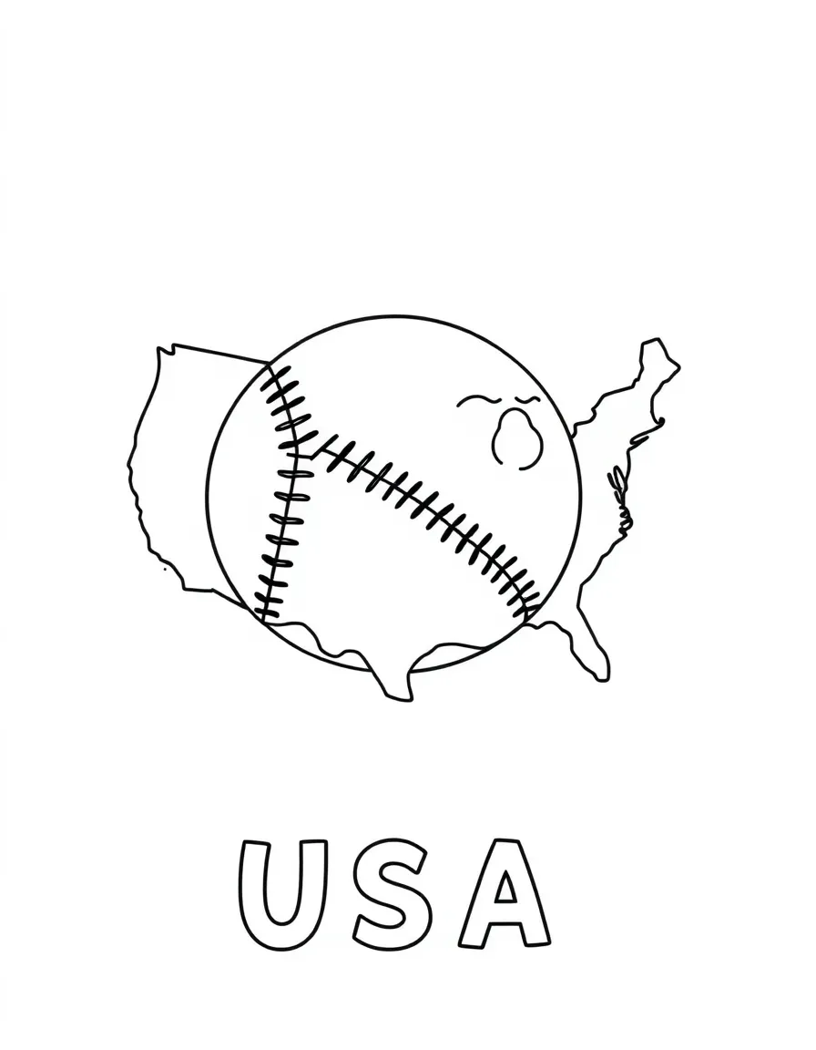 A friendly baseball, a simple outline map of USA, and the word "USA"