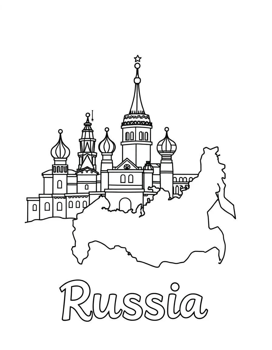 A cute Kremlin, a simple outline map of Russia, and the word "Russia"