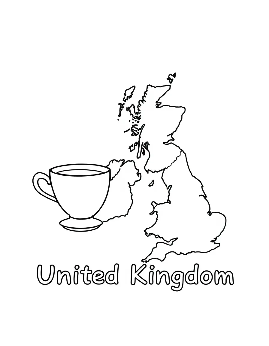 A small teacup, a simple outline map of United Kingdom, and the word "United Kingdom"