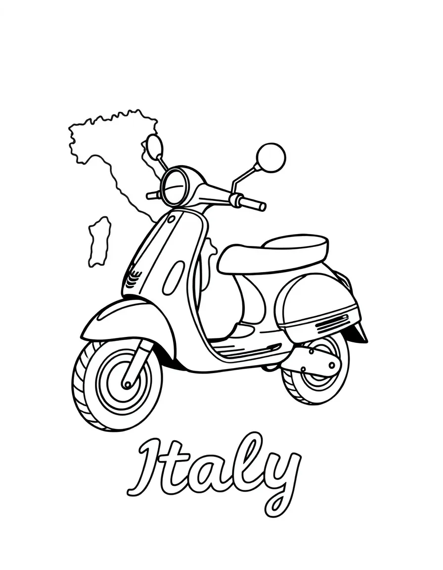 A cute Vespa, a simple outline map of Italy, and the word "Italy"