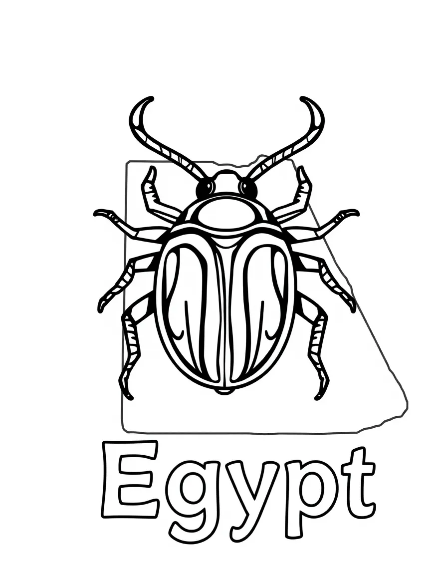 A happy scarab beetle, a simple outline map of Egypt, and the word "Egypt"