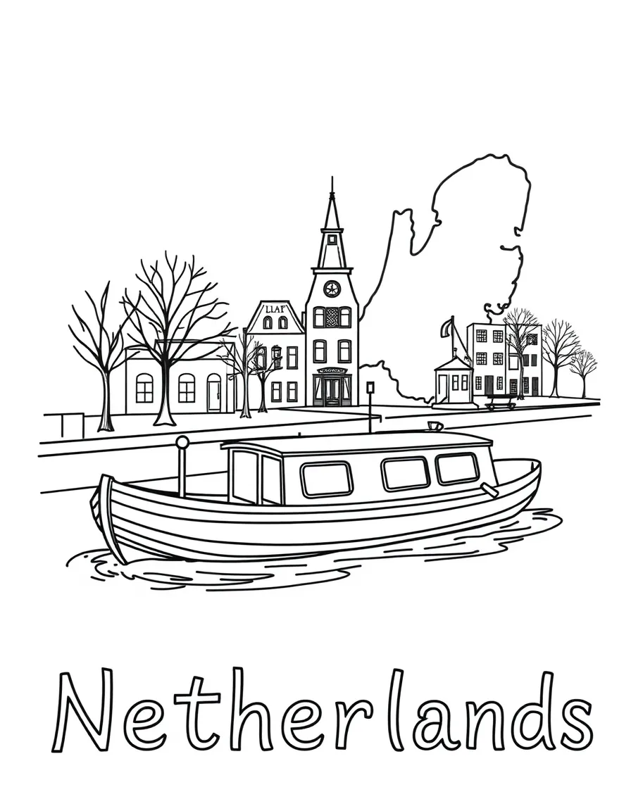 A small canal boat, a simple outline map of Netherlands, and the word "Netherlands"