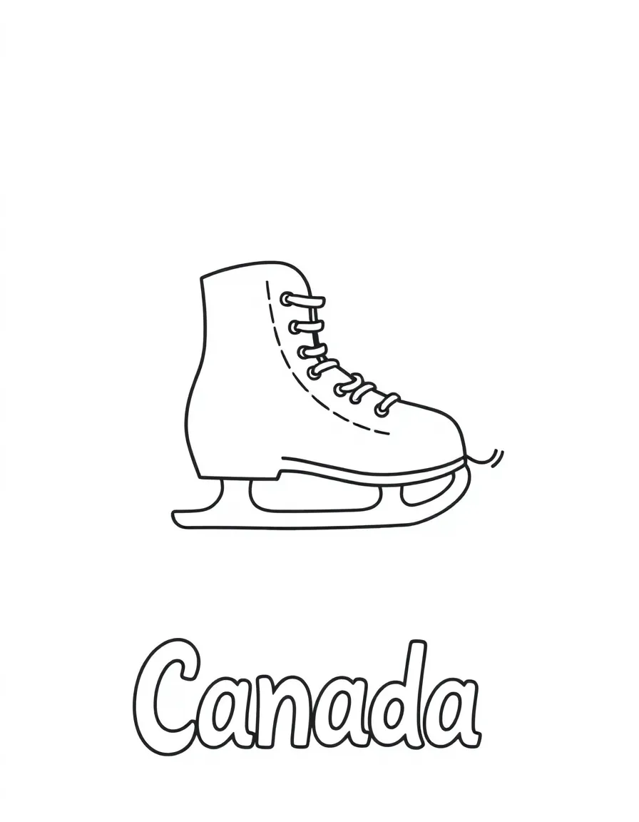 A friendly ice skate, a simple outline map of Canada, and the word "Canada"