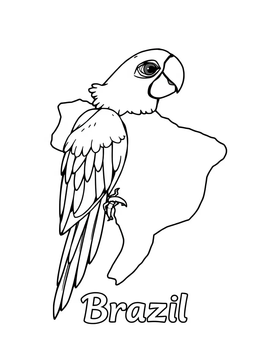A cute macaw, a simple outline map of Brazil, and the word "Brazil"