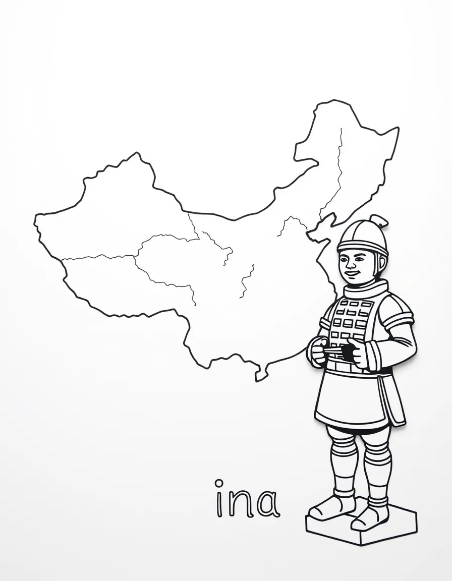 A small terracotta warrior, a simple outline map of China, and the word "China"