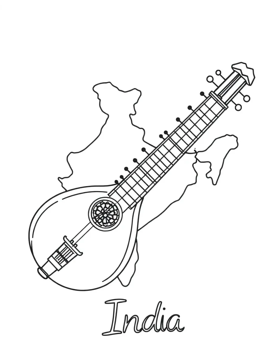 A friendly sitar, a simple outline map of India, and the word "India"