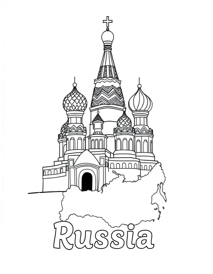 A happy St. Basil's Cathedral, a simple outline map of Russia, and the word "Russia"