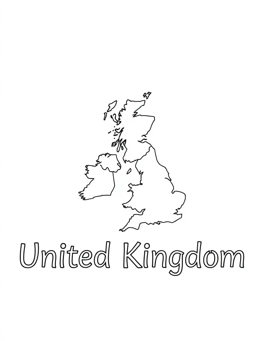 A friendly bowler hat, a simple outline map of United Kingdom, and the word "United Kingdom"